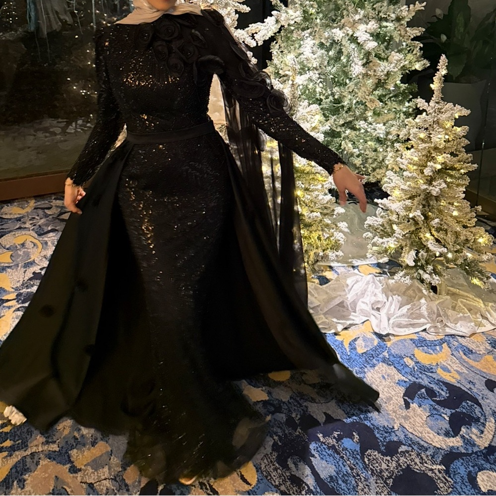 Elegant Black Sequin Evening Gown - Women's Dress